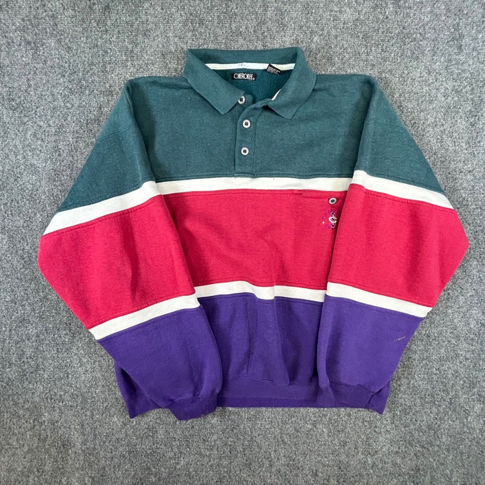 Vintage Cherokee Colorblock Polo Sweatshirt Mens Large‎ Teal Red Purple Striped